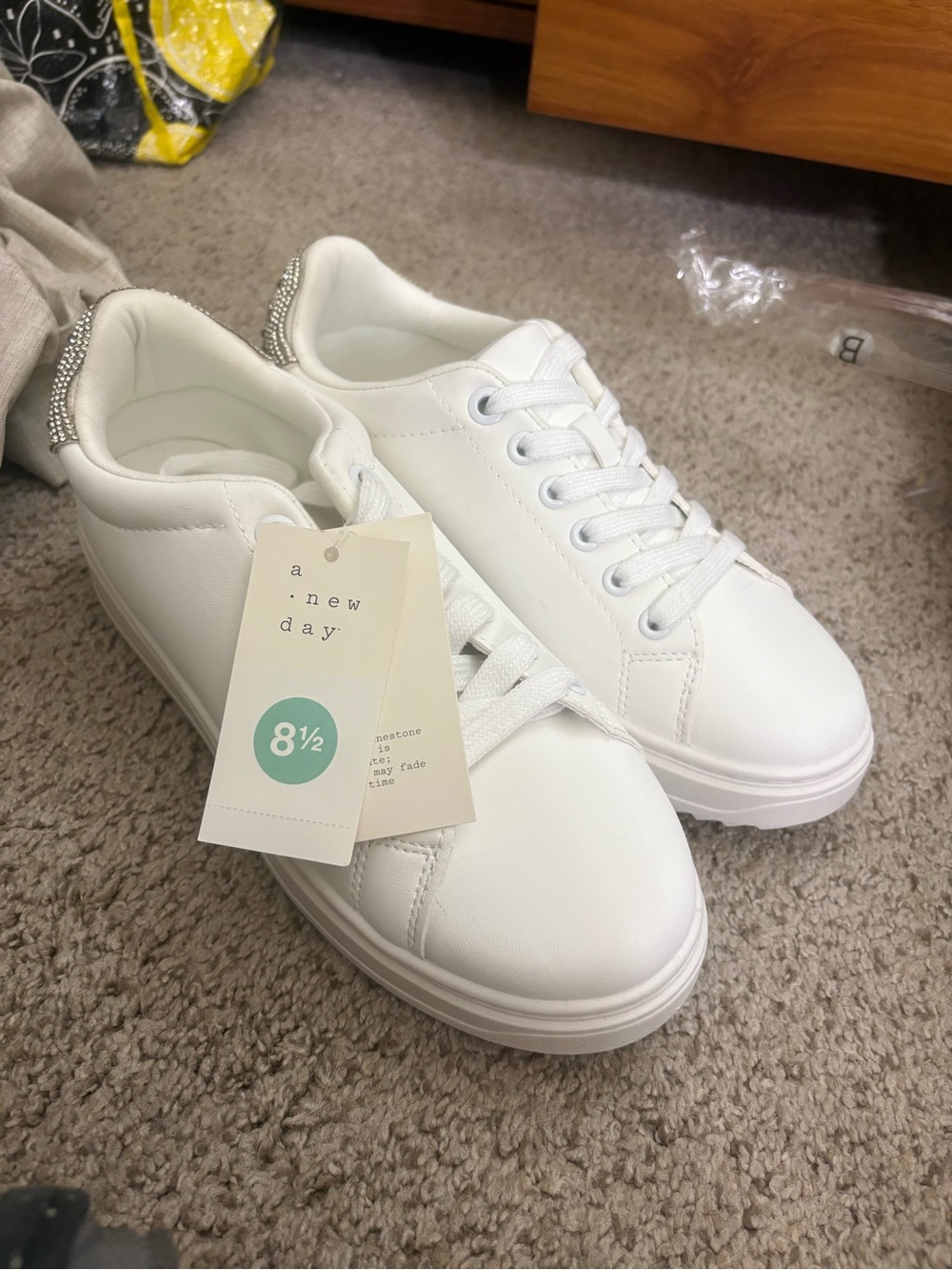a new day White Kids' Lace-Up Sneakers with Rhinestone Heel Accent